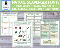 Nature Scavenger Hunts (ABC, Senses, Color and Traditional) [Printable PDFs in Black and White]