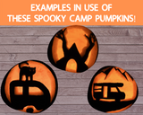 7 Halloween Themed Camping Pumpkin Carving Templates [Printable PDF] (spooky tent, spooky rv, campfire and smore carving template + more)