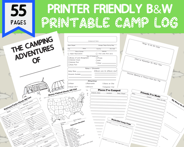 55 Page Printer Friendly Black and White Camp Journal Log