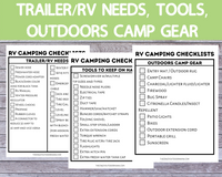 Complete Printable Set of 9 RV Checklists with 3 cover options [camper kitchen checklist, pets camp checklist, camping food plan]